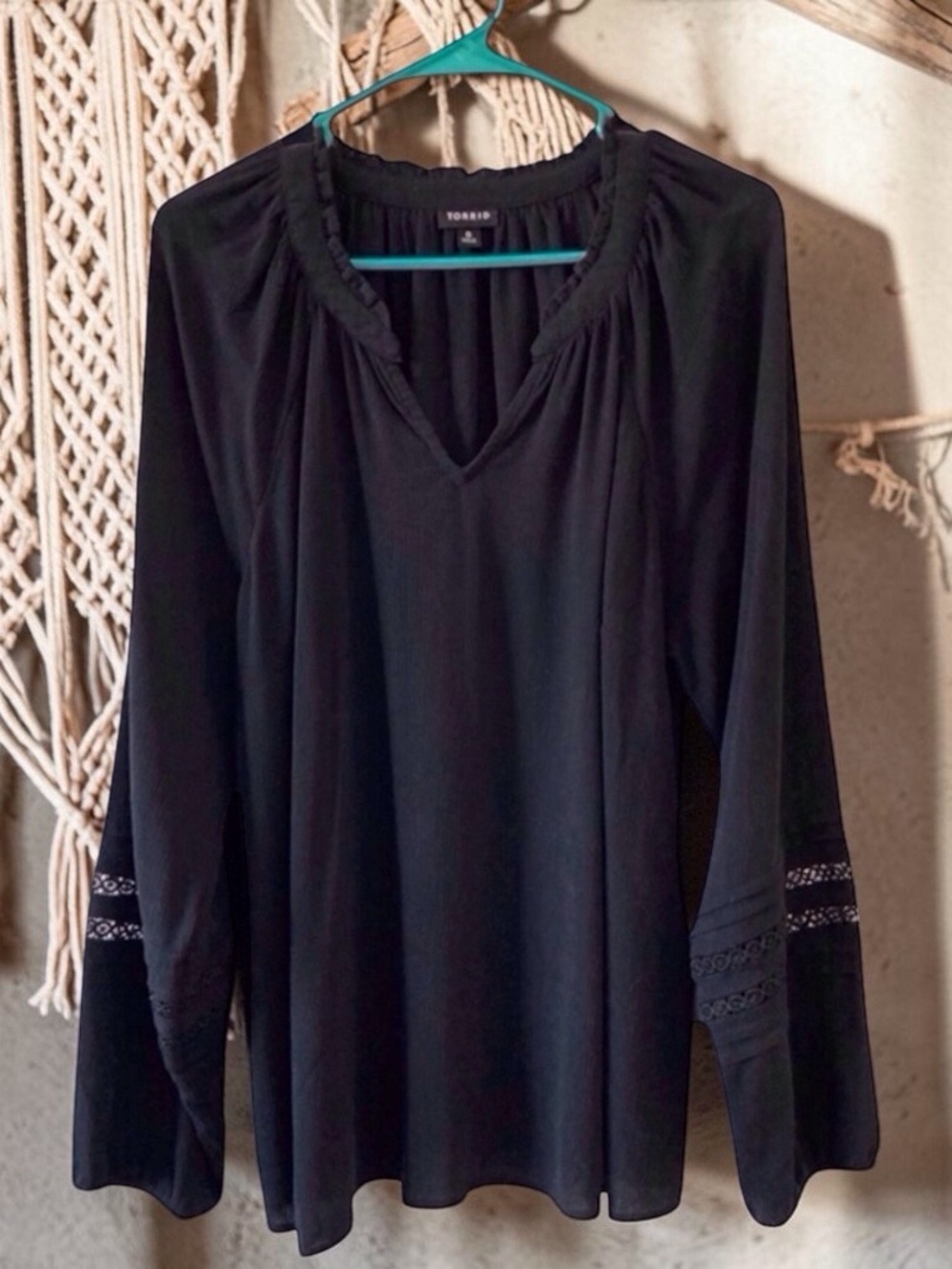 Torrid Black Gauze Blouse 0/L | Boho Peasant Top Lace Sleeve Detail